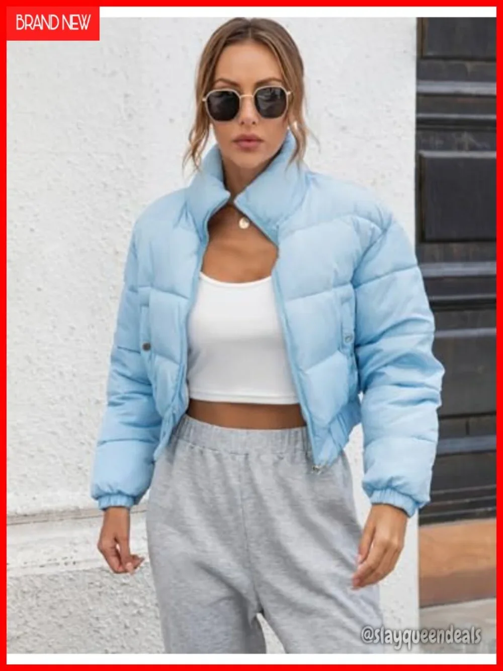 Cropped Quilted Puffer Jacket Full Zip Winter Coat Stand Collar